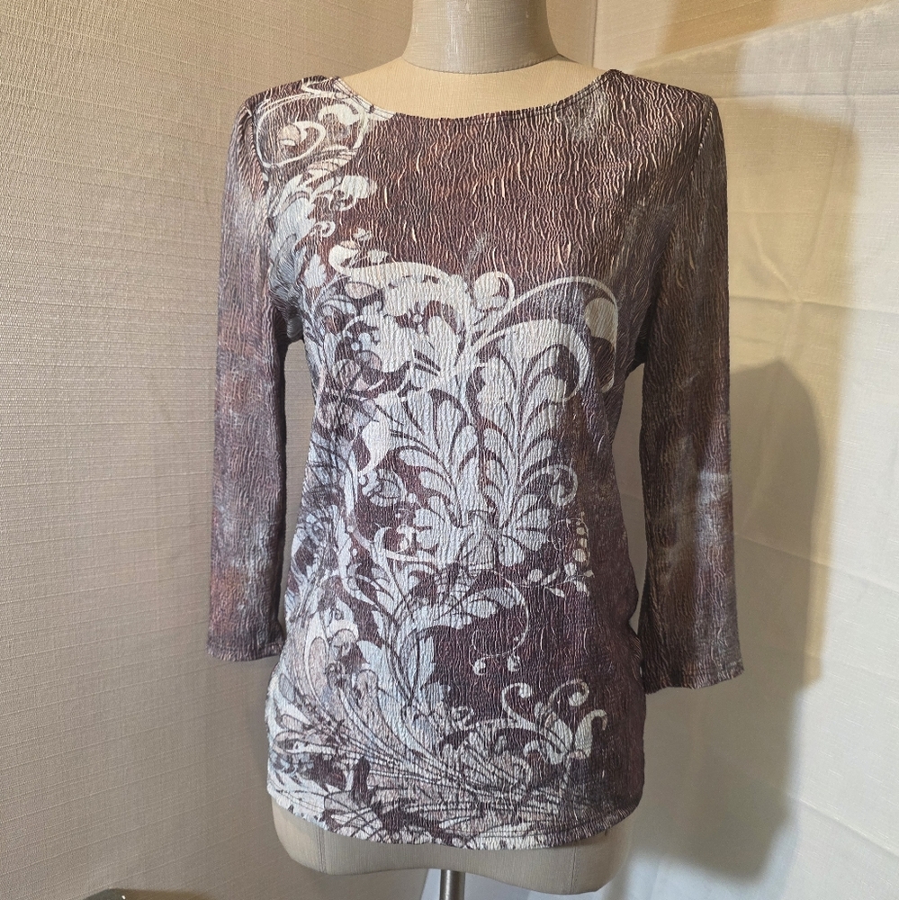 Coldwater Creek • Vintage Y2K Crinkle Knit Floral Top - 3/4 Sleeve Brown Boho.